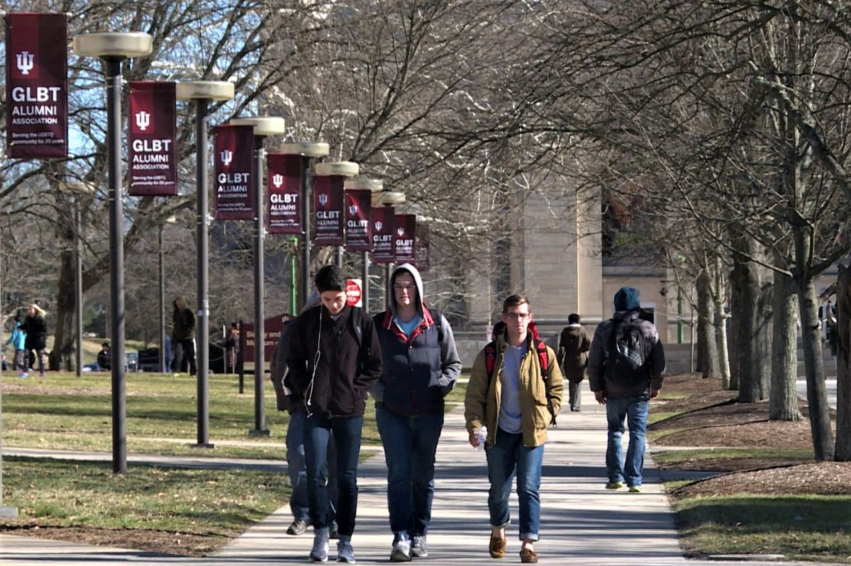 Indiana University students walk on the Bloomington Campus.