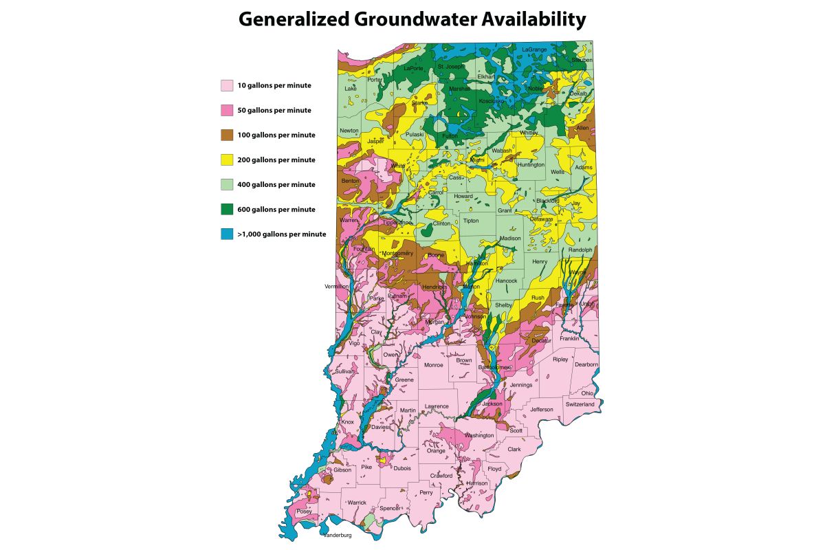 A map highlights the state of Indiana in swaths of pink, graphic, brown, yellow, green and blue