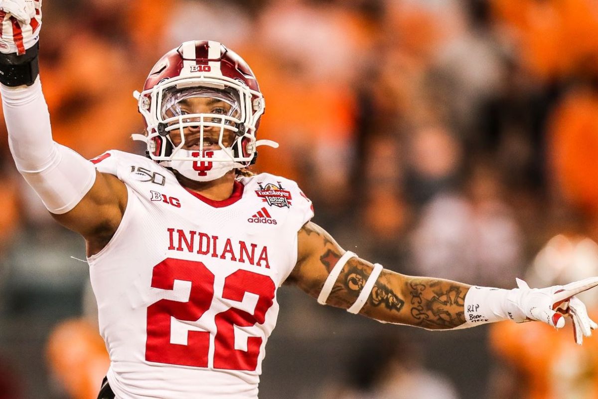 Indiana's Jamar Johnson celebrates on the field during the TaxSlayer Gator Bowl against Tennessee.