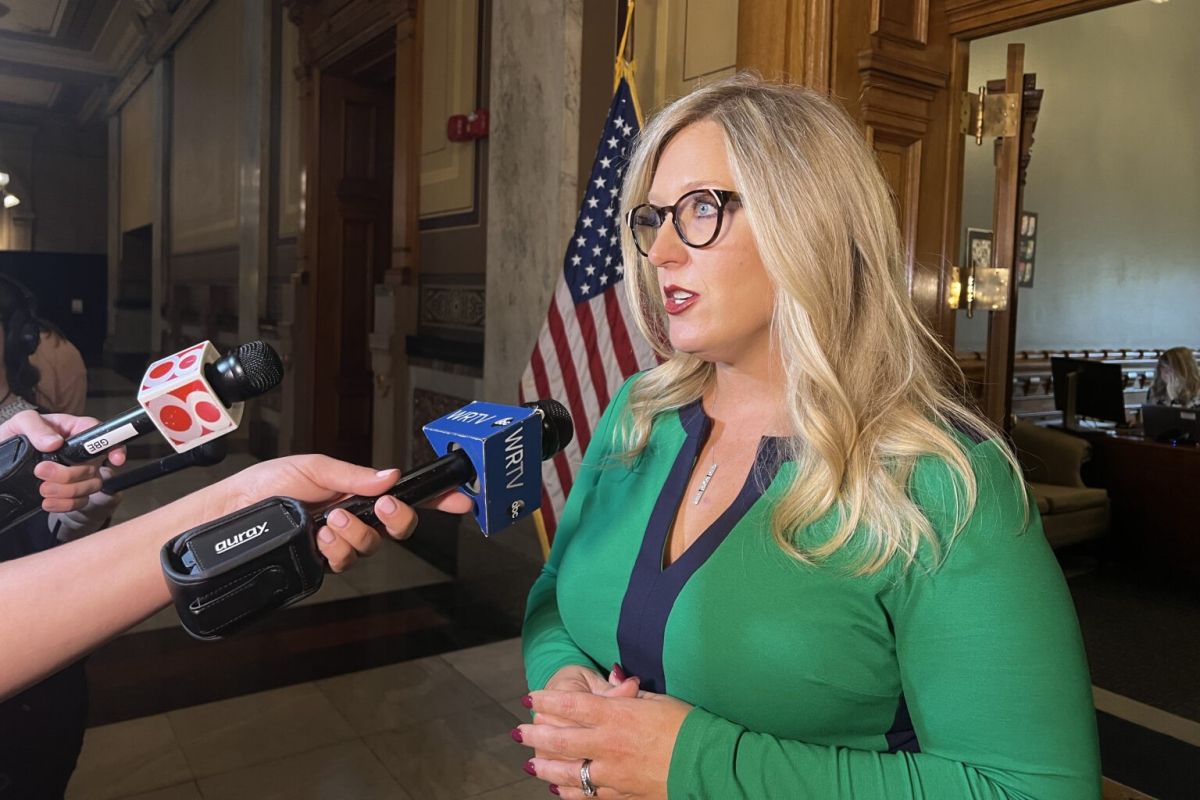 Indiana Secretary of Education Katie Jenner speaks to reporters at the Indiana Statehouse