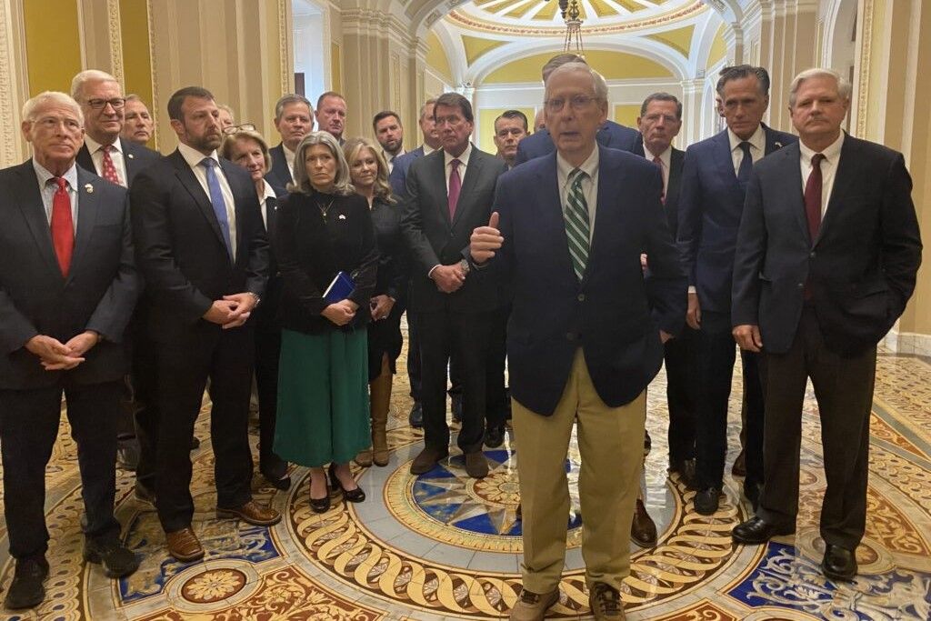 U.S. Senate Minority Leader Mitch McConnell, a Kentucky Republican, speaks with reporters about a stopgap government funding bill inside the U.S. Capitol on Saturday, Sept. 30, 2023