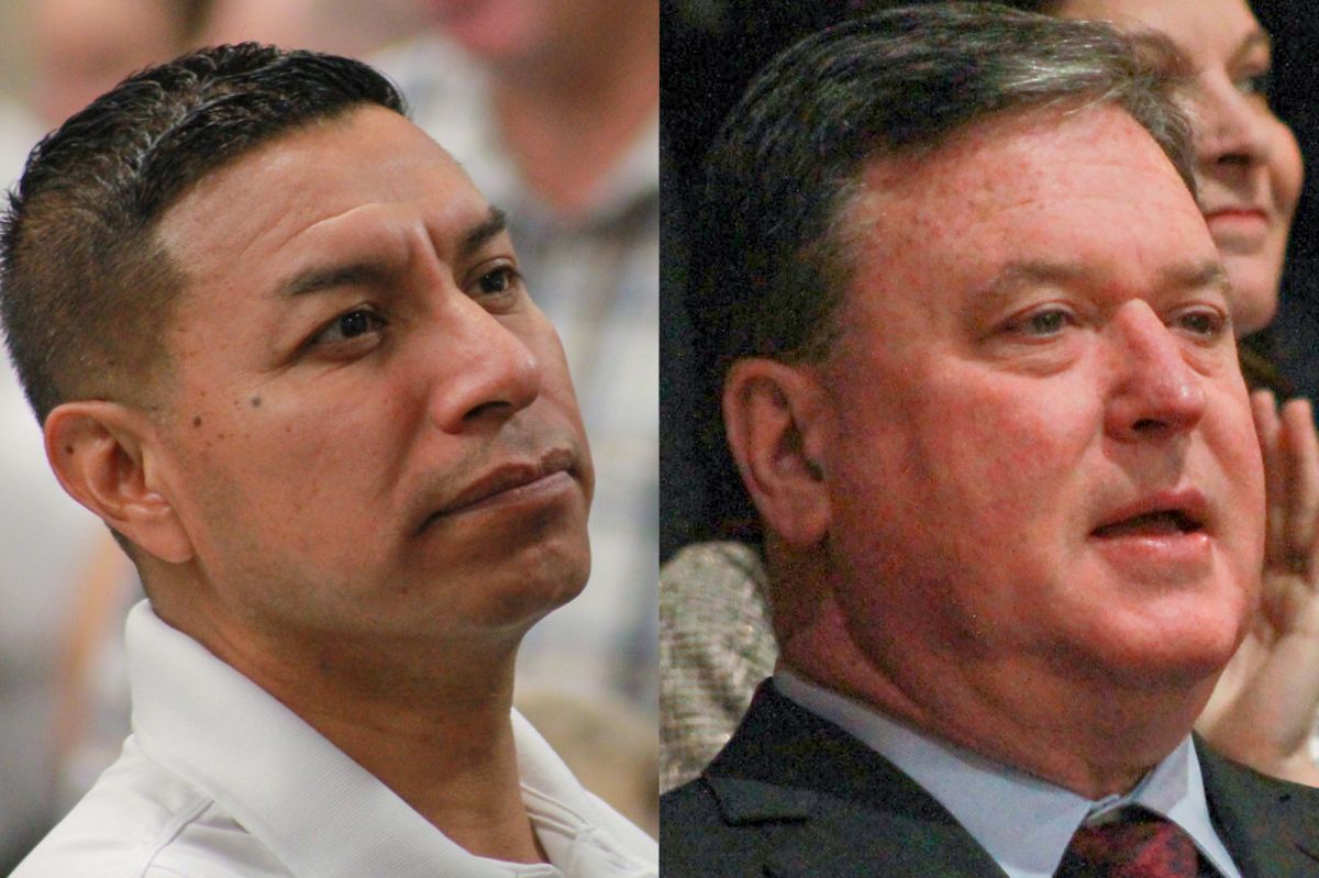 Diego Morales and Todd Rokita are each shown in separate images, put side by side. Morales is a Latino man with black hair. He is wearing a white polo shirt. Rokita is a White man with dark, graying hair. He is wearing a black suit, light blue shirt 
