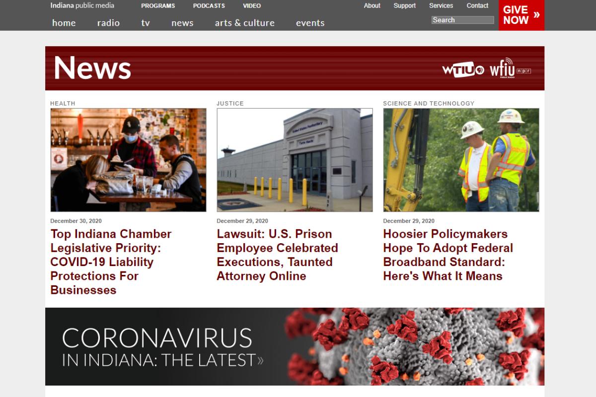A screenshot of the WFIU News homepage, Dec. 2020.
