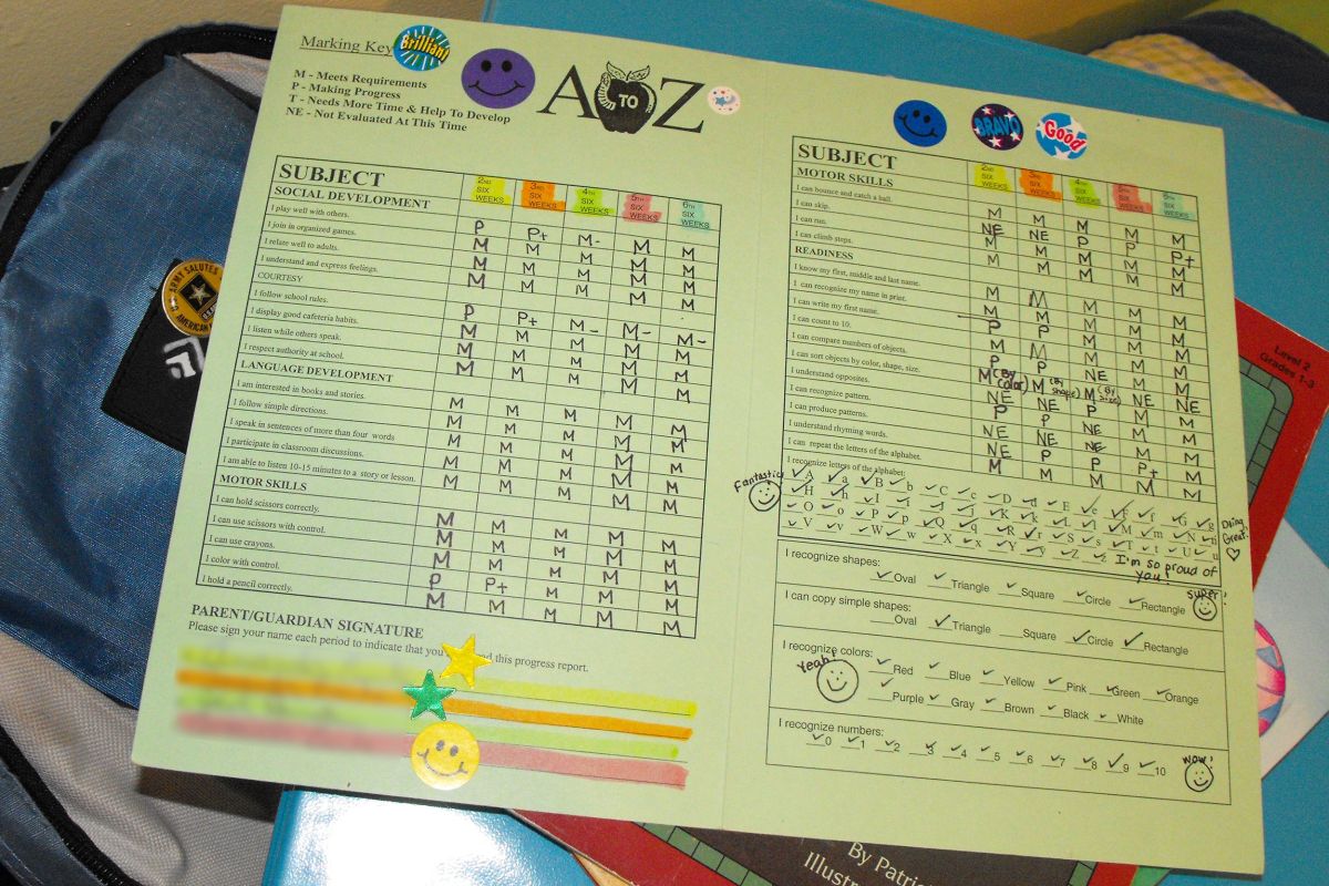 A report card printed on yellow paper covered in star and smiley face stickers sits atop a backpack.