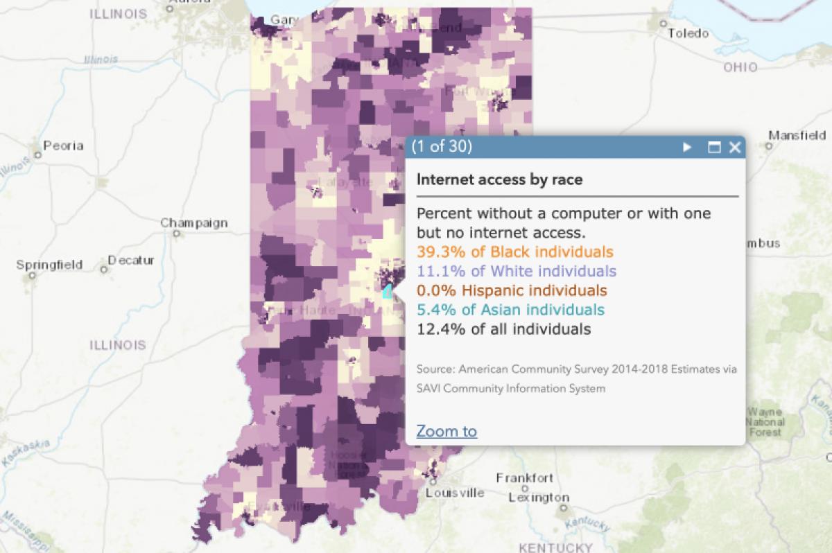 A map generated by SAVI at IUPUI shows rates of internet access by race.