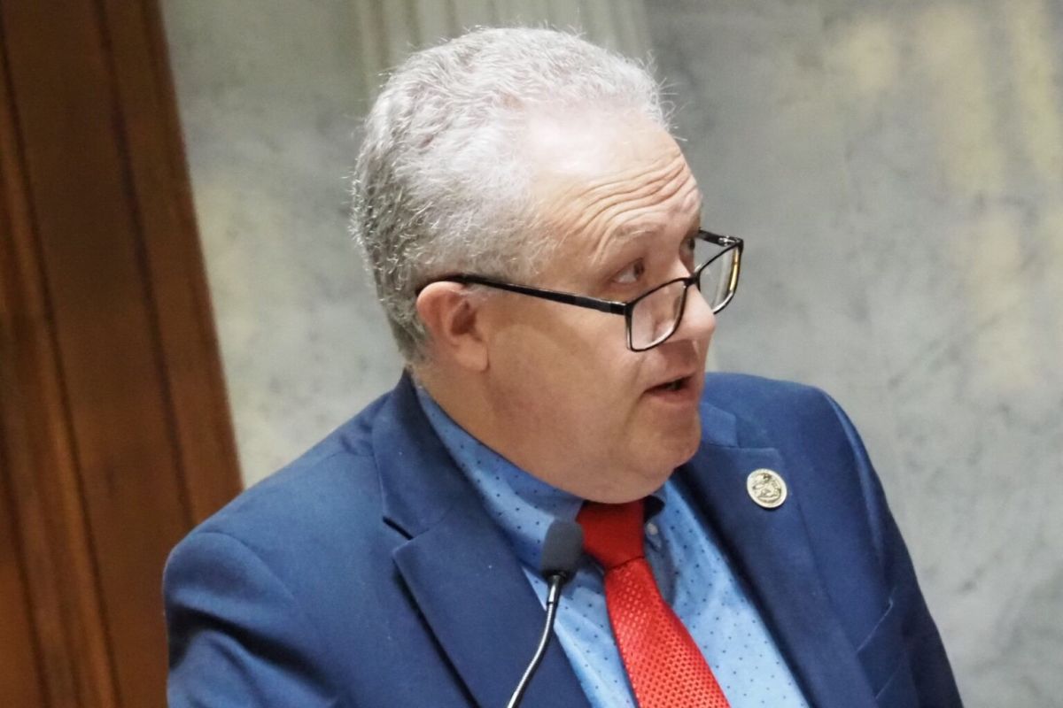 Sen. Mike Gaskill defends the election-related study legislation he is sponsoring on Monday, April 7, 2025.