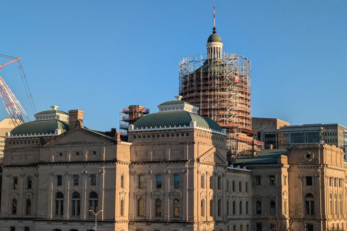 The north entrance of the Indiana Statehouse, as seen from the top of a parking garage.