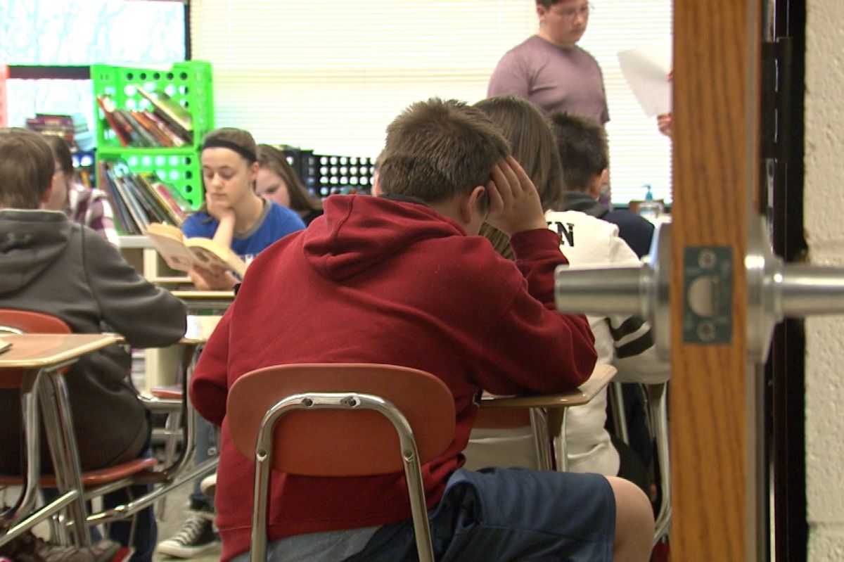 School children sit at their desks. A boy in a red hooded sweatshirt is in the foreground, facing away from the camera, with his elbow on his desk and his head resting in his hand.