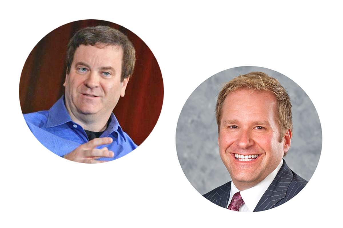 Todd Wagner speaking sitting on a stage, curtain behind him, gesturing; James Fielding in a studio portrait, wearing jacket and tie, smiling broadly.