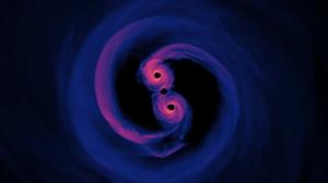 A simulated image of two black holes spiraling around each other, with streaks of purple and blue coming off of both