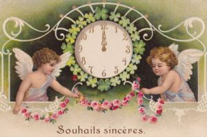 Victorian new year's card with two cherubs hanging a garland of flowers under a clock striking midnight