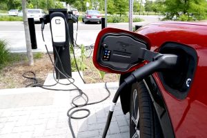 An electric vehicle charging station at Switchyard Park.
