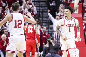 Indiana's Jalen Hood-Schifino is all smiles after scoring against Ohio State Saturday night.
