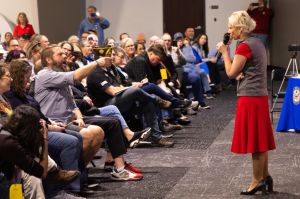 Constituents scream and boo at Republican Rep. Victoria Spartz during a heated, two-hour town hall on Friday, March 28, 2025, in Westfield.