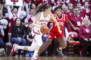 Indiana's Yarden Garzon drives against Ohio State's Hevynn Bristow during Thursday night's game.